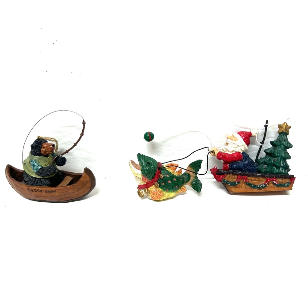 Vtg Lot (2) hand Crafts Resin Bear in a canoe & Fishing Santa Christmas Ornament